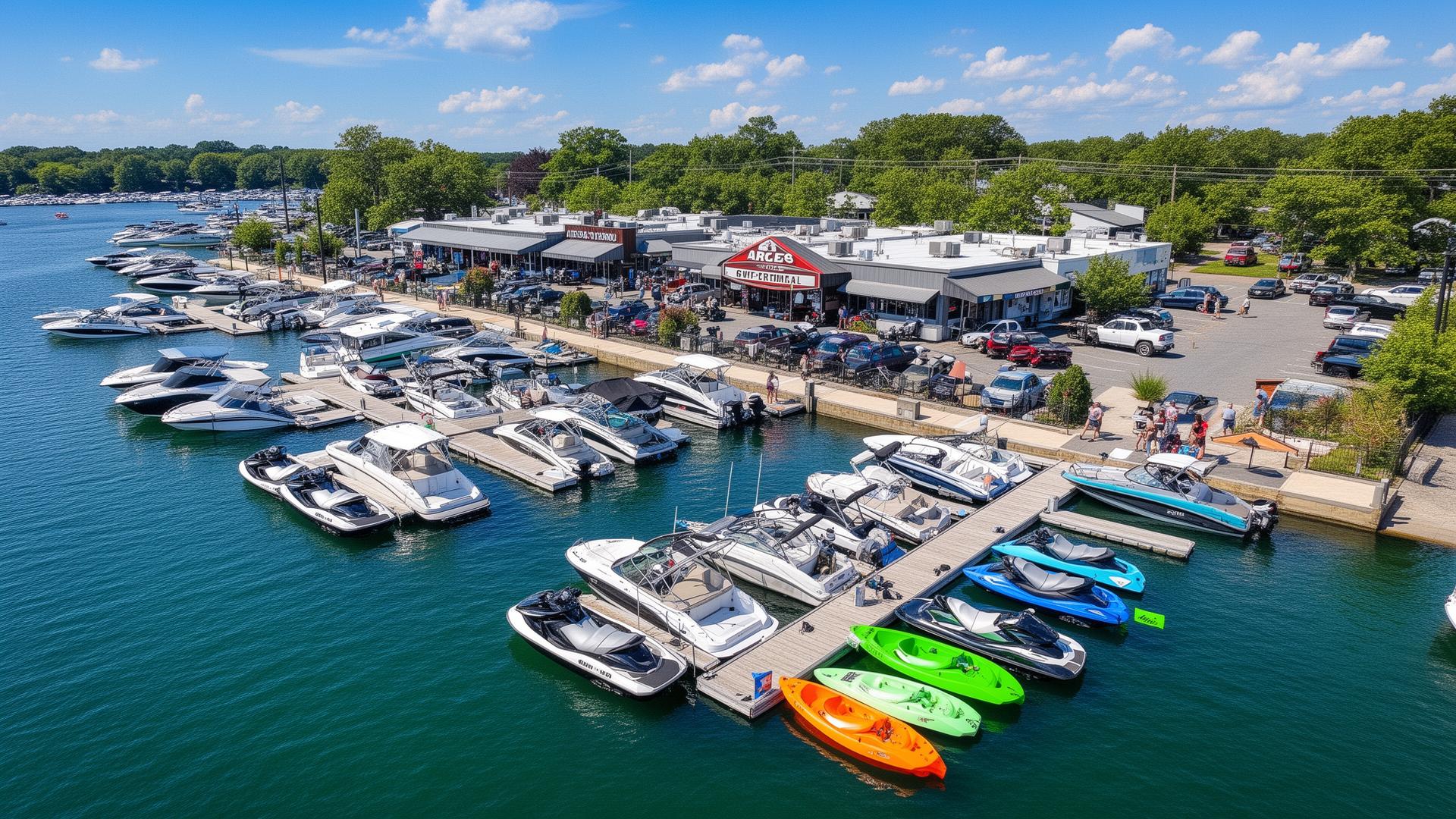 Busy boat rental marina with boats, jet skis, and kayaks